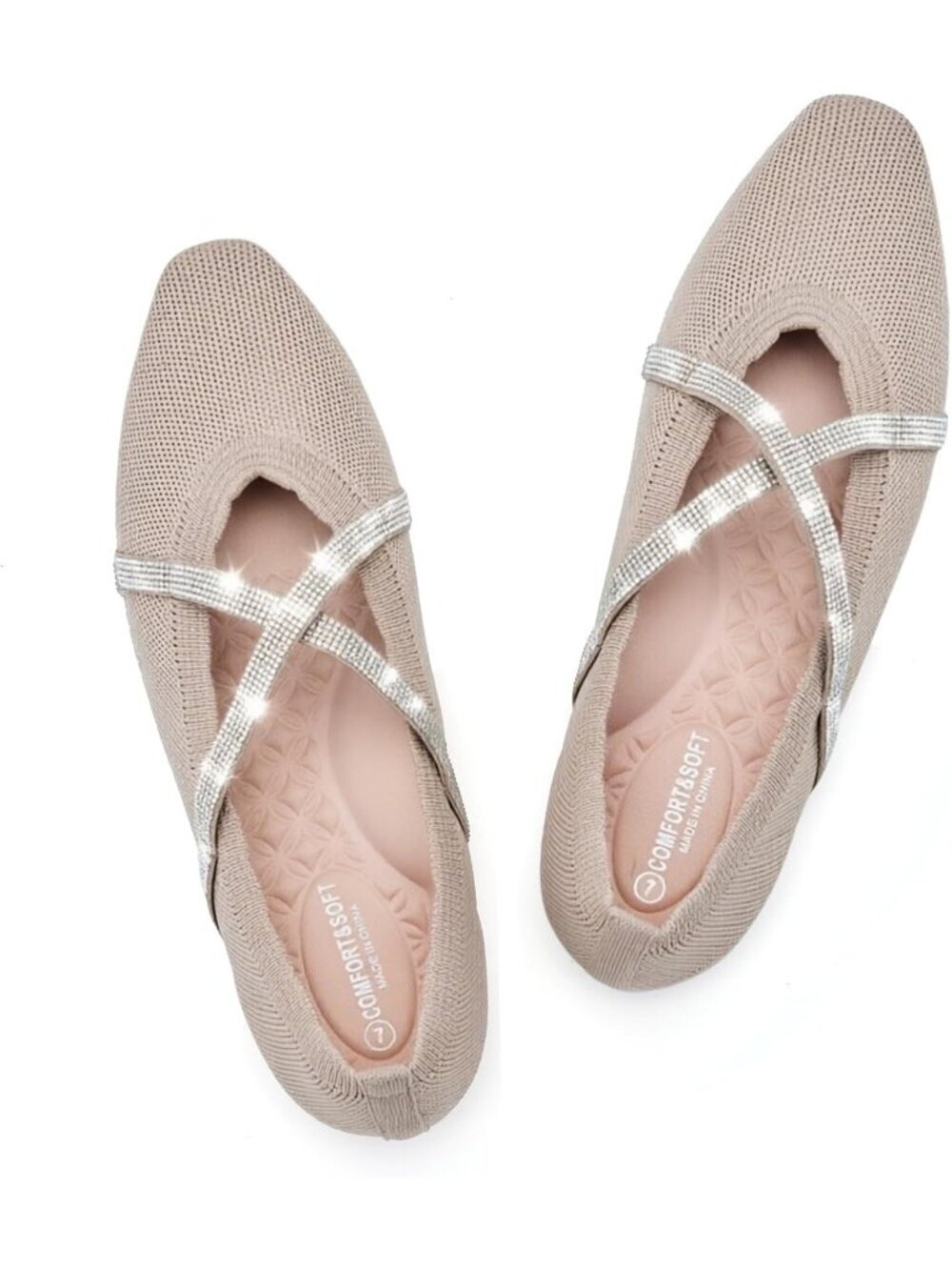 Women's Camel Fabric Square Toe Ballet Flat With Cross Strap Washable Knit Shoes